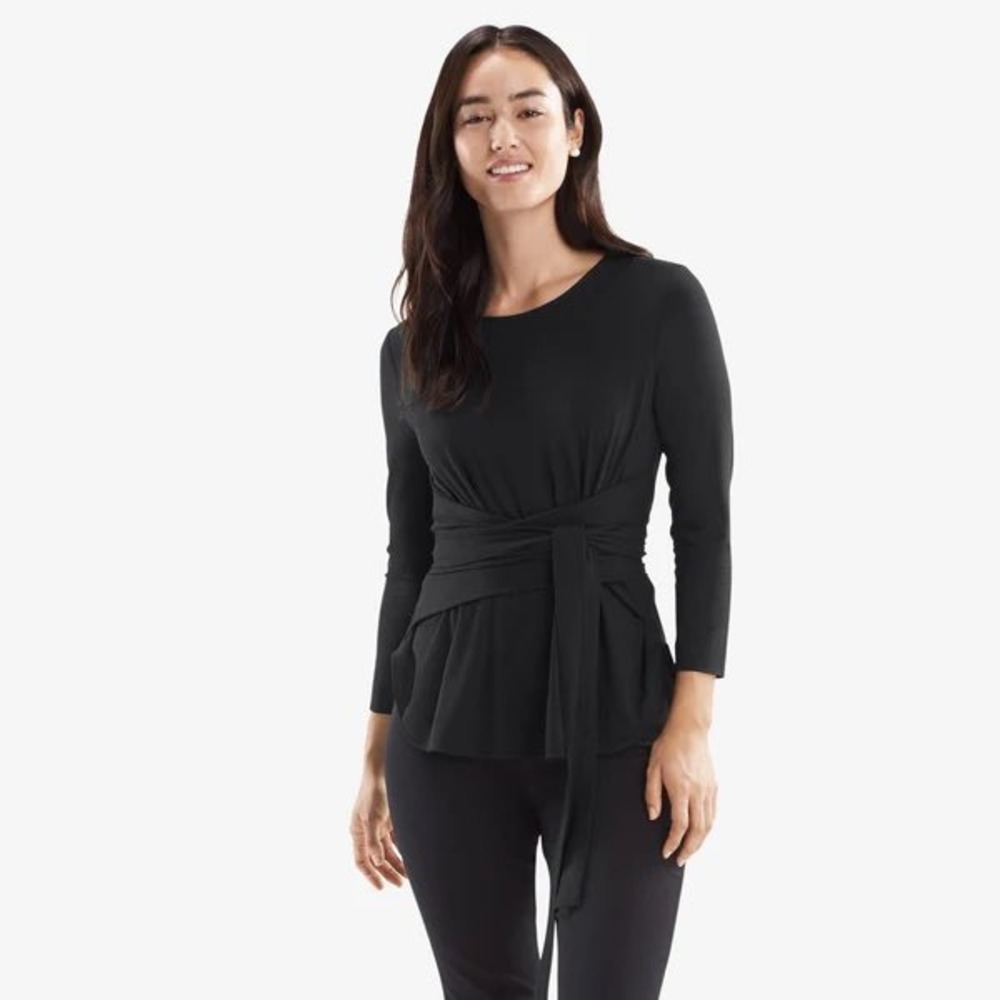 MM LaFleur The Walker Top - Knit Crepe Black‎ Tie Waist Long Sleeve Top Size S